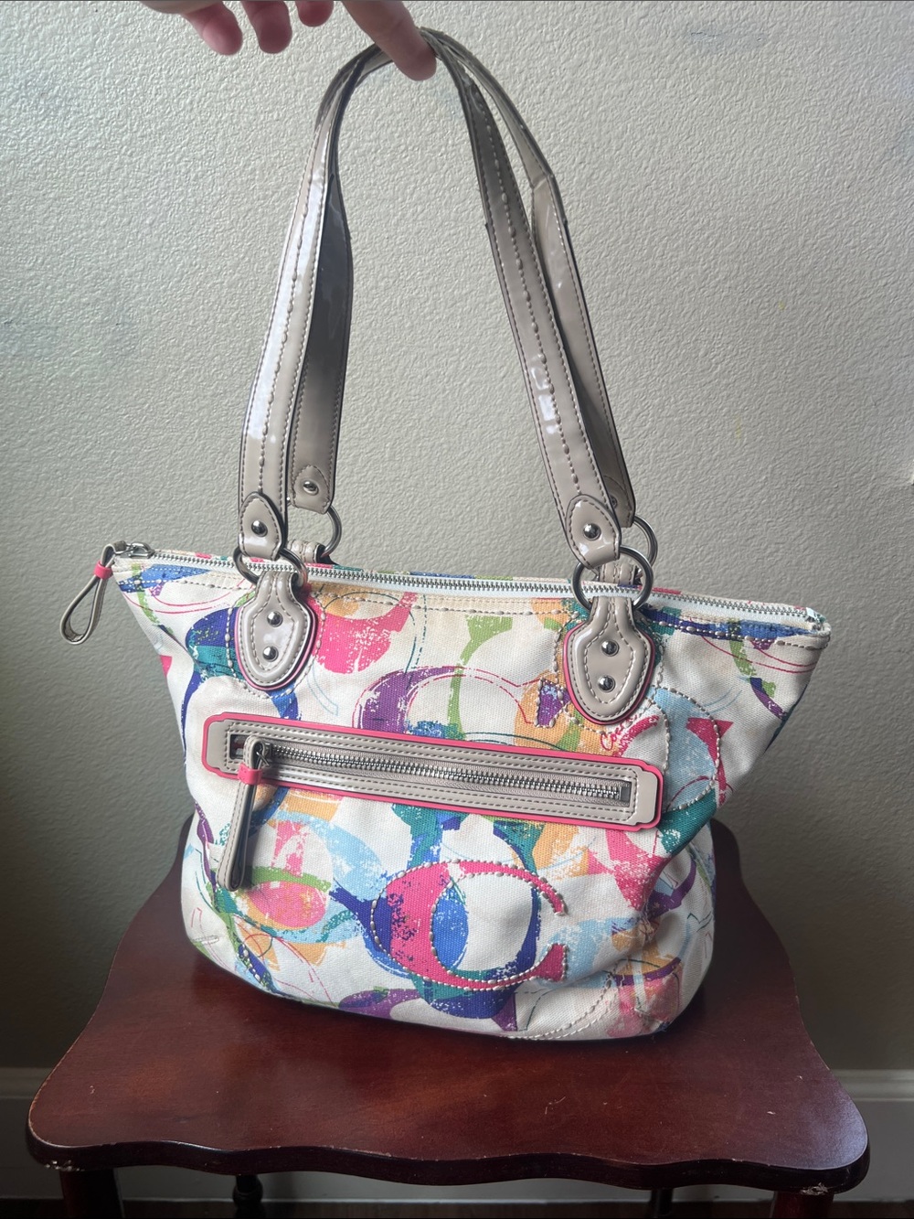 Coach Multicolor Circle Print Shoulder Bag with Silver Handles